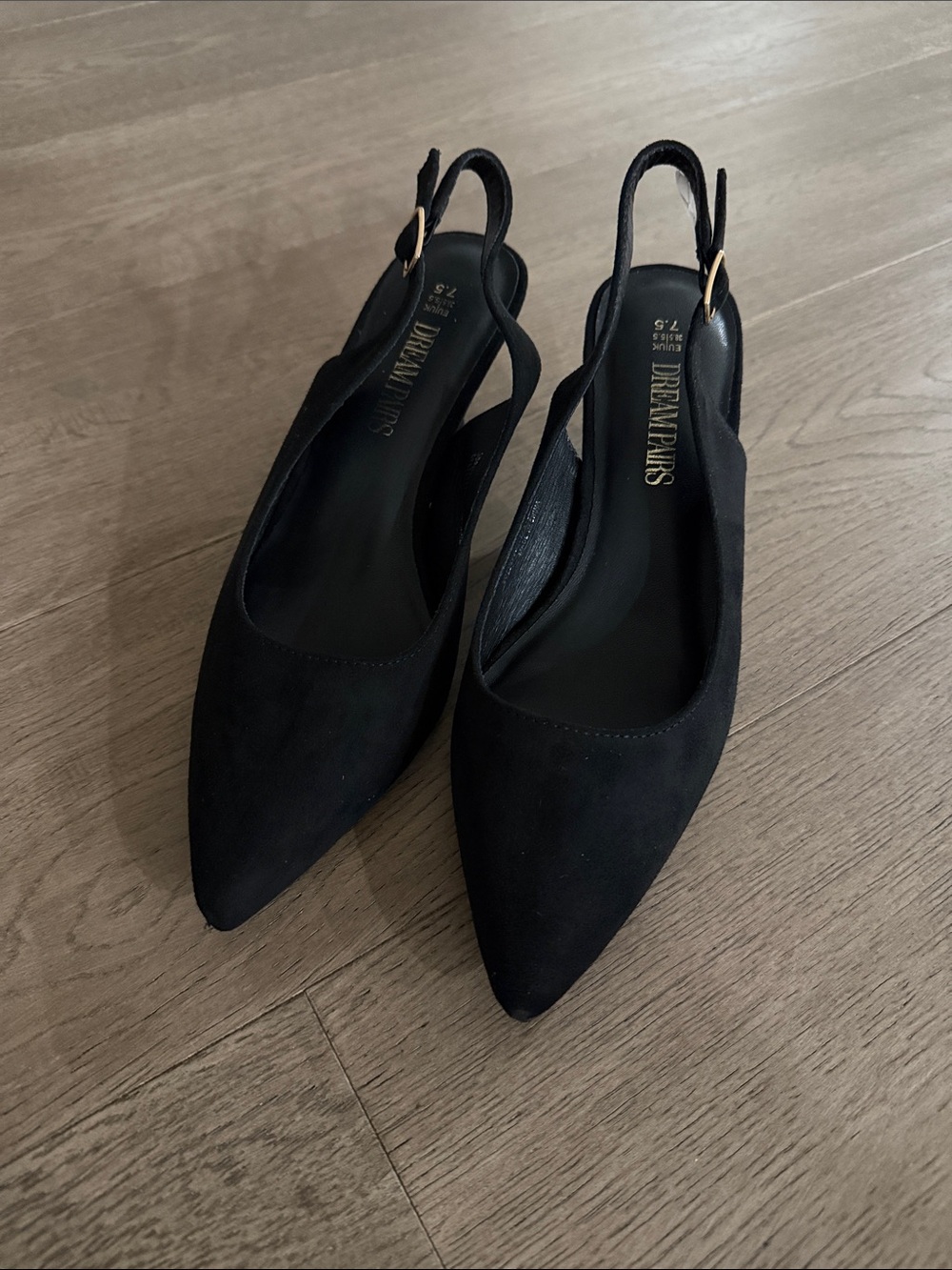 Dream Pairs Black Pointed Slingback Pumps with Gold Buckle